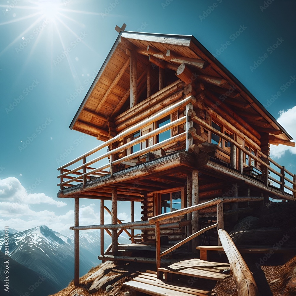 Obraz premium Rustic log cabin perched atop a mountain, bathed in sunlight with scenic mountain views afar.