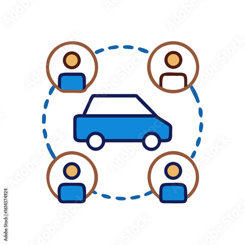 Illustrative graphic depicting a car surrounded by interconnected individuals, highlighting concepts such as carpooling, shared mobility, and collaborative transportation in a contemporary style.