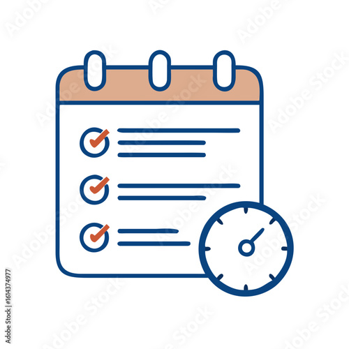 A minimalistic icon featuring a calendar, checklist and clock symbolizing planning, time management and productivity.