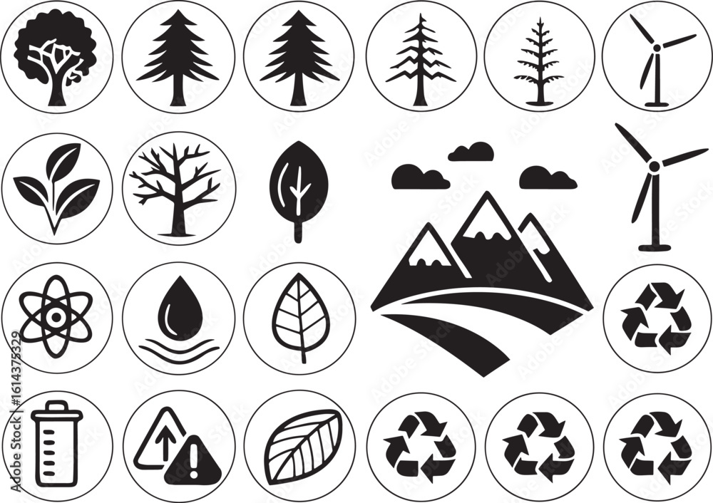 Obraz premium Silhouette Nature & Environment Icons Set on White Background Eco, Green, Recycle, Minimal Design Vector Pack