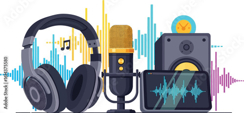 Podcast equipment microphone headphones speaker audio interface sound wave