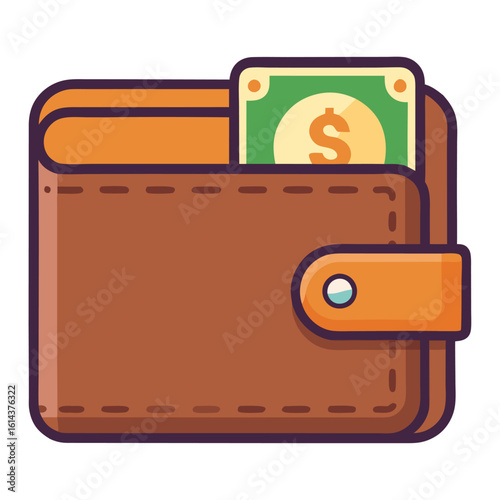 A brown leather wallet, with a green banknote featuring a dollar sign peeking out. It symbolizes money, finance, and personal belongings.