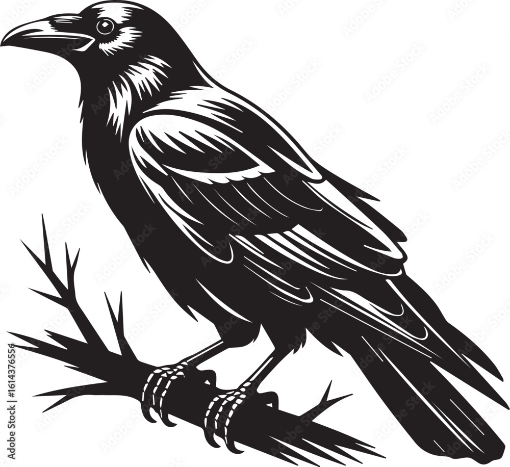 Obraz premium Crow on Branch Vector – Black and White Silhouette with Stark Shadows
