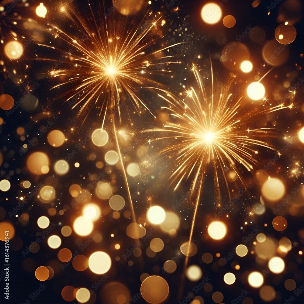 Obraz premium Golden fireworks explode in a dark sky, lighting up the night with shimmering bokeh effect orbs.