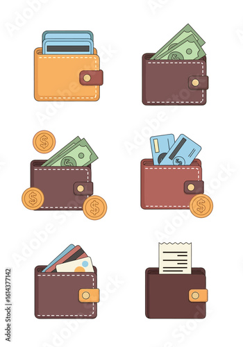 A collection of six wallets in various states of fullness, containing cash, credit cards, coins, and a receipt.