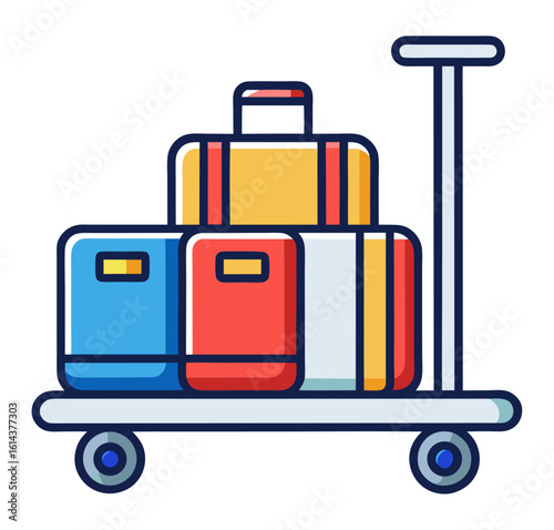 A baggage cart loaded with several colorful suitcases and bags. It symbolizes travel, luggage, transportation, and airport services.