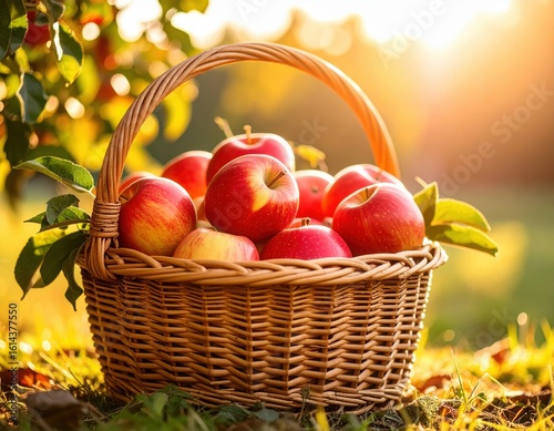 The harvested apples are placed in bamboo baskets, under the soft light of the morning sun.