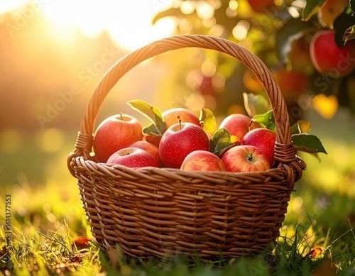 The harvested apples are placed in bamboo baskets, under the soft light of the morning sun.