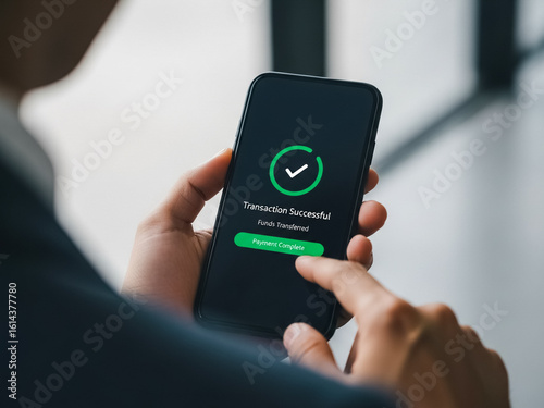 Man completes secure mobile payment with successful transaction confirmation