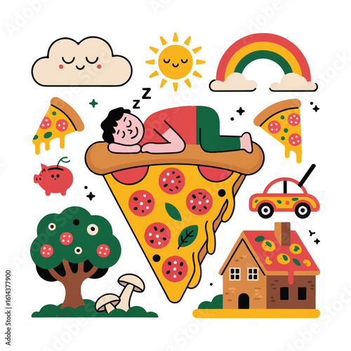 Whimsical dreamy scene with a person sleeping on a giant pizza slice surrounded by fun elements isolated on white background silhouette