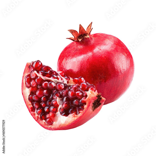 Two pomegranates, one whole and one sliced, against a black background.  Fresh fruit
