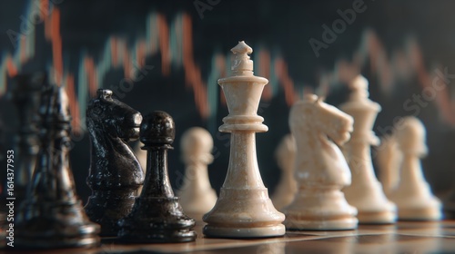 Chess Pieces on a Board with a Stock Market Graph

