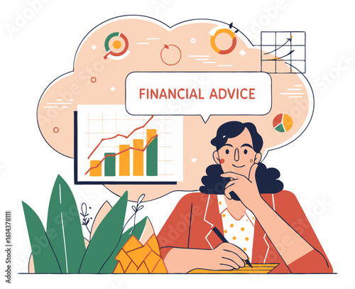 A young woman receiving "FINANCIAL ADVICE" while writing notes. The illustration shows various financial charts, data, and graphs, representing financial planning and consulting.