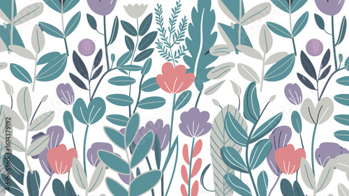A whimsical floral pattern with teal leaves and pastel flowers on a dark background
