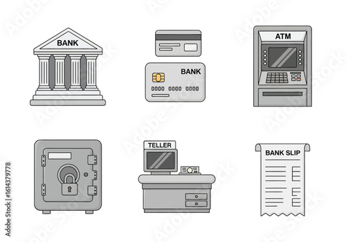 Collection of bank-related icons: building facade, credit cards, ATM, safe, teller station, and bank slip, all in a simple, flat design style.