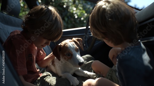 Children Playing with Dog in Car

