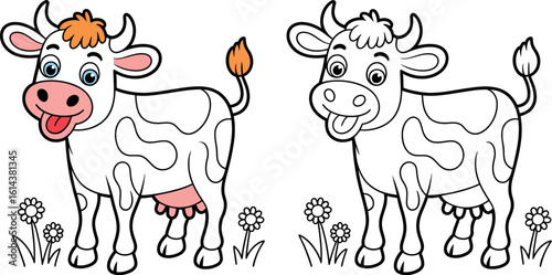 Cartoon illustration of two cows one colored and one black and white on a white background