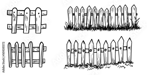 Cartoon fence doodle and silhouette vector set in hand-drawn sketch style for backyard or farm