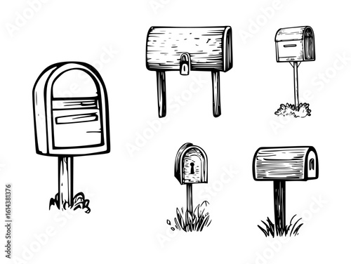 Mailbox silhouette and doodle vector set in hand-drawn sketch style for postal or delivery design