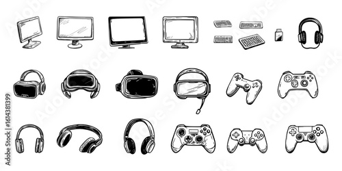 Technology gadget doodle and silhouette vector set in sketch style including monitor, mouse, headset