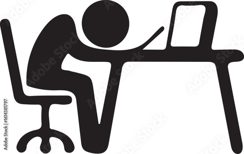 Silhouette of person slumped over desk with laptop at night computer
