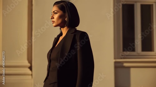 Elegant Woman in Black Suit Posing Outdoors