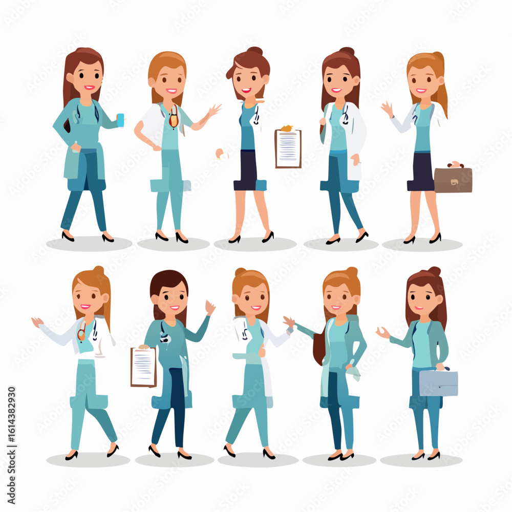 Vector set of female healthcare professional characters in lab coats. Illustration of woman doctor with stethoscope and chart for a character builder pack. Vector set of female healthcare professional characters in lab coats. Illustration of woman doctor with stethoscope and chart for a character builder pack.
