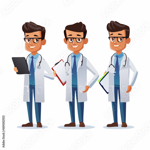 Animated-ready vector male doctor character set with stethoscope and glasses. Friendly physician holding tablet, clipboard, and medical files for healthcare.