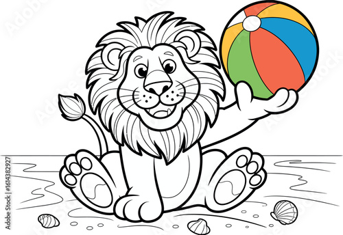 A cartoon lion sitting on a beach holding a beach ball, outlined for coloring activity