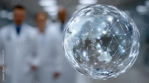 Abstract Globe with Connected Networks and Doctors in White Coats in Blurred Background