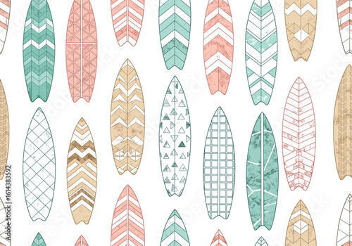 Seamless pattern in Toile de Jouy style featuring geometric surfboards with stripes, zigzags, and dots in vintage engraved texture. Colors include turquoise, sun yellow, coral, and sand beige on white