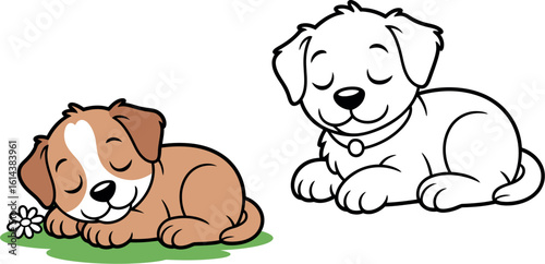 Two cartoon puppies sleeping one colored and one black and white with flower and grass