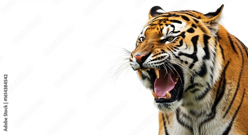 Fototapeta premium 猛虎咆哮 白い背景 鮮烈 迫力満点. AI Generated