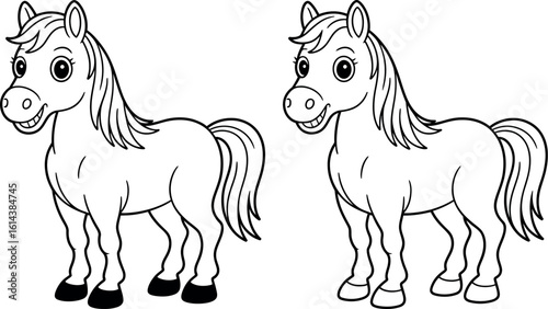 Two cartoon horses standing side by side in a black and white illustration style image