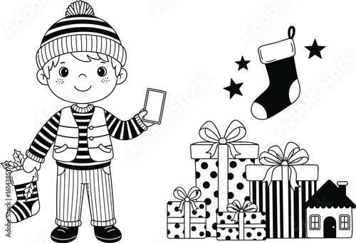Joyful boy with Christmas gifts and stocking embraces the holiday spirit