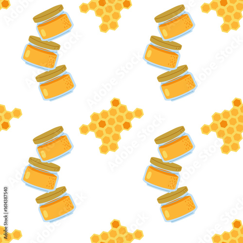 Pattern of honey jars and honeycomb on a white background for kitchen decor