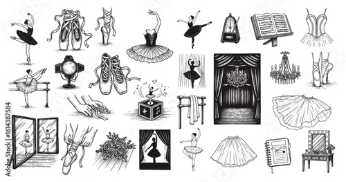 A comprehensive set of hand-drawn, monochrome ballet illustrations—ballerinas in poses, pointe shoes, tutus, stage and rehearsal elements. Ideal for dance-themed designs, decor, or creative projects.