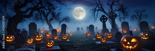 A spooky night Halloween scene with Jack O' Lanterns In a Graveyard.