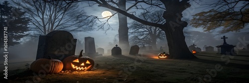 A spooky night Halloween scene with Jack O' Lanterns In a Graveyard.