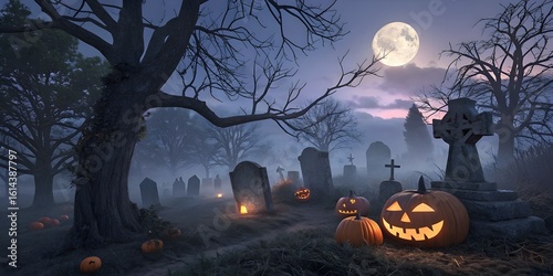 A spooky night Halloween scene with Jack O' Lanterns In a Graveyard.