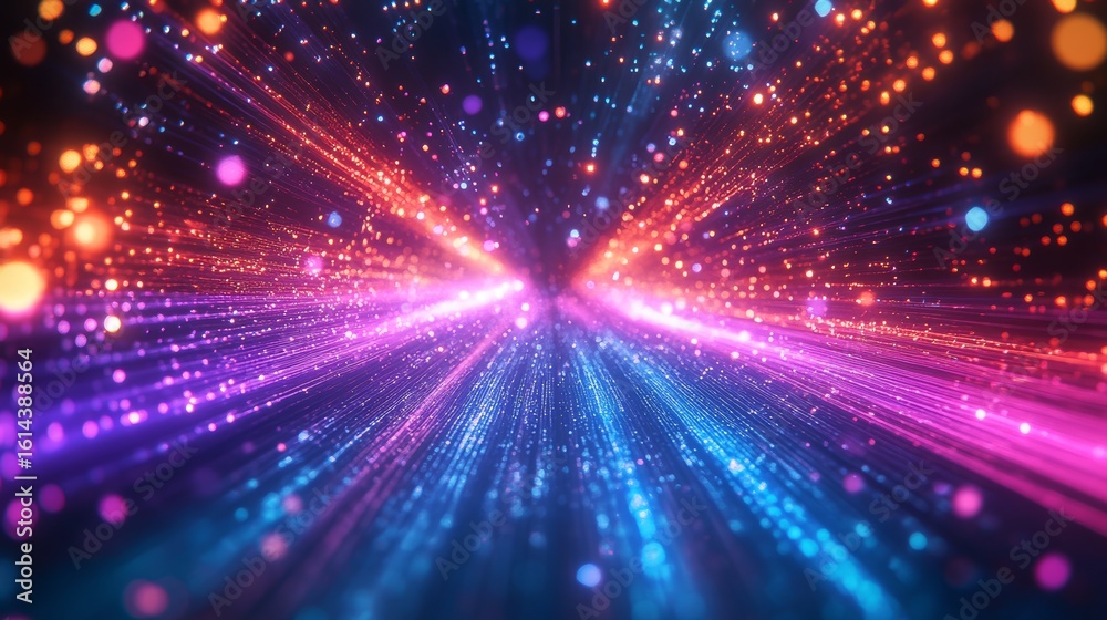 Fototapeta premium A colorful abstract background with light effects, bright sparkles, and bokeh particles in motion. This digital art animation features vibrant rays, dynamic energy for an immersive experience towards