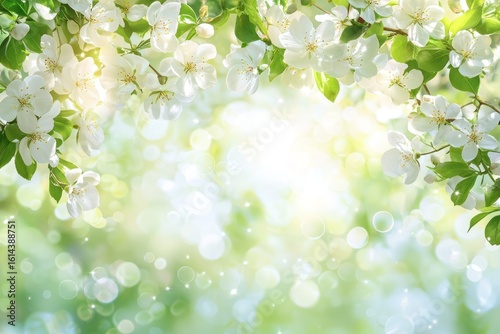 White flowers bloom against a bokeh-lit, sunny spring background