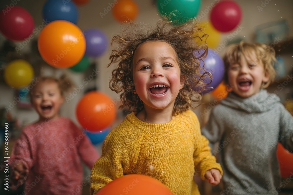 Three cute kids laugh and play surrounded by colorful balloons indoors. Use this image to evoke the joys of childhood and celebration. Three cute kids laugh and play surrounded by colorful balloons indoors. Use this image to evoke the joys of childhood and celebration.
