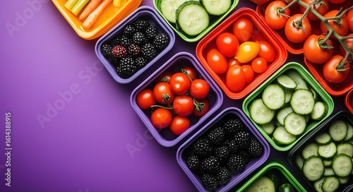 Colorful Food Containers with Fresh Vegetables and Fruits on Purple Background Featuring Copy Space