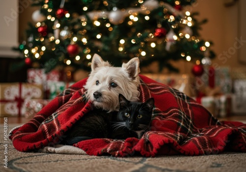 A dog and cat share a cozy moment under a blanket by a Christmas tree.