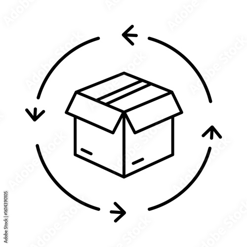 Simple line art icon depicting an open cardboard box with circular arrows indicating a process or delivery cycle.
