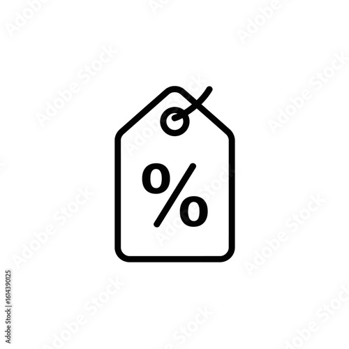 A simple, outline-style illustration of a price tag featuring a percentage symbol, representing discounts and sales promotions in a modern, minimalist design.