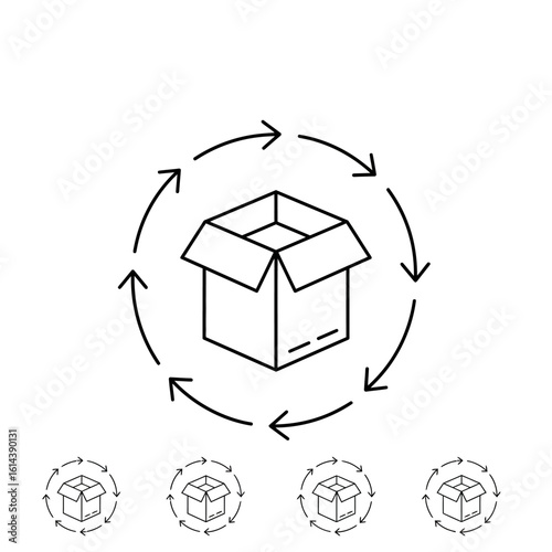 Minimalist line art depicts an open cardboard box encircled by arrows, symbolizing recycling, circular economy, and sustainable packaging solutions for business.