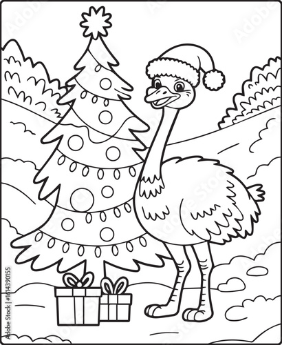 Christmas ostrich with hat standing with christmas tree scene black line art vector for kids coloring pages