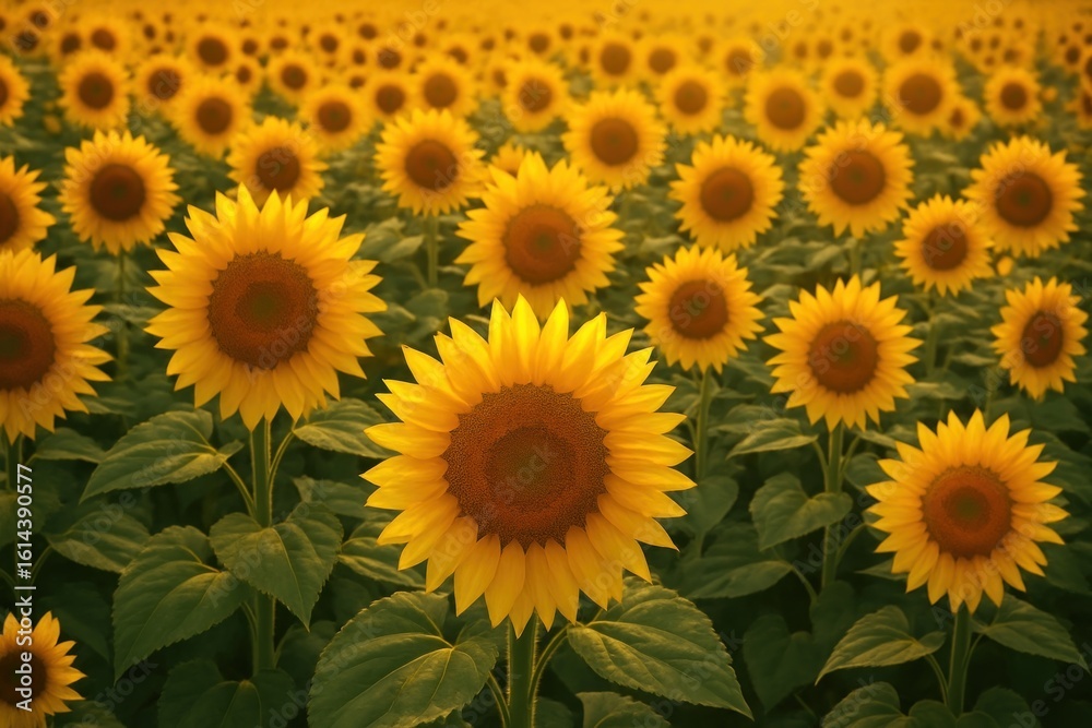 Fototapeta premium Vibrant sunflower field at sunset.